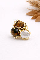 Кольцо ДИНОСА ажурное с тигровым глазом и барочным жемчугом