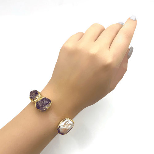 Браслет жесткий ДИНОСА с необработанным аметистом и речным жемчугом —  фото 4