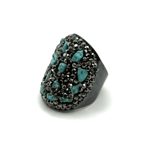 Кольцо ДИНОСА черное с марказитом и имитацией бирюзы фото 2