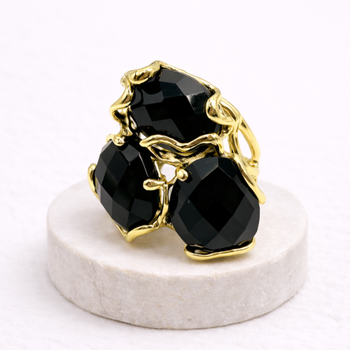 Кольцо ДИНОСА ажурное с черным агатом