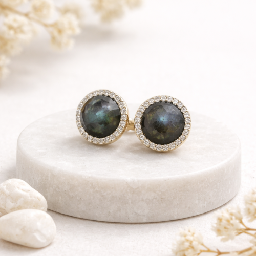 Серьги пусеты ДИНОСА с лабрадоритом и цирконом — 