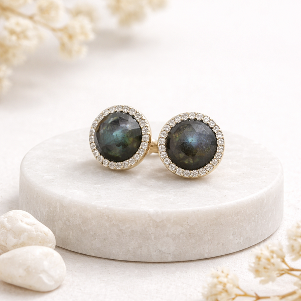 Серьги пусеты ДИНОСА с лабрадоритом и цирконом