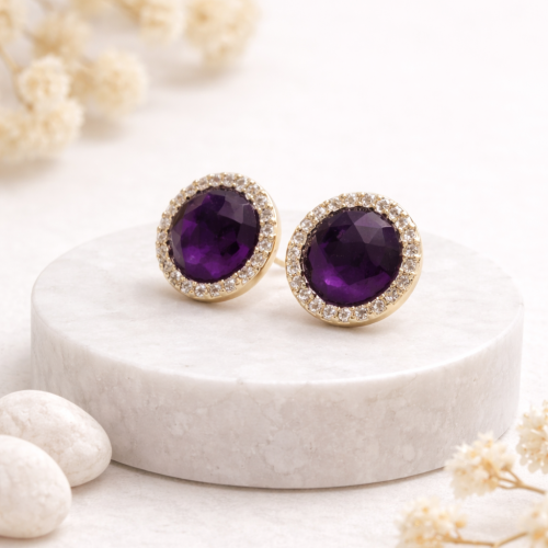 Серьги пусеты ДИНОСА с аметистом и цирконом — 