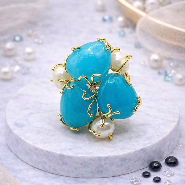 Кольцо ДИНОСА ажурное с речным жемчугом и кварцем