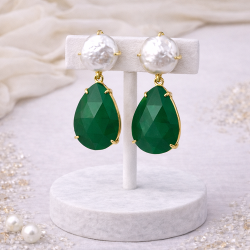 Серьги ДИНОСА с барочным жемчугом и зеленым кварцем — 