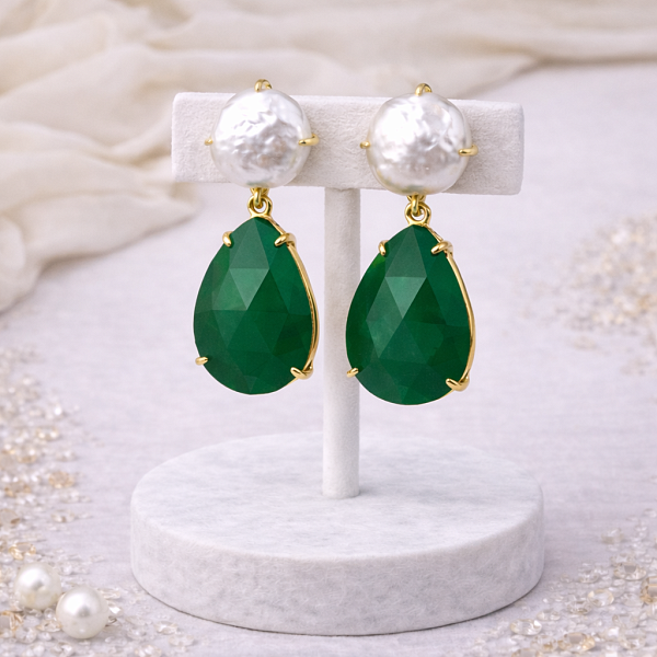 Серьги ДИНОСА с барочным жемчугом и зеленым кварцем