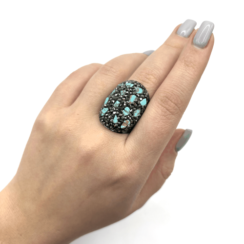 Кольцо ДИНОСА черное с марказитом и имитацией бирюзы фото 4