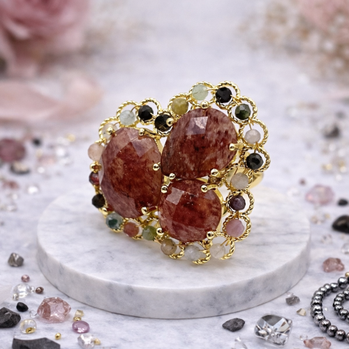 Кольцо ДИНОСА кружевное с клубничным кварцем