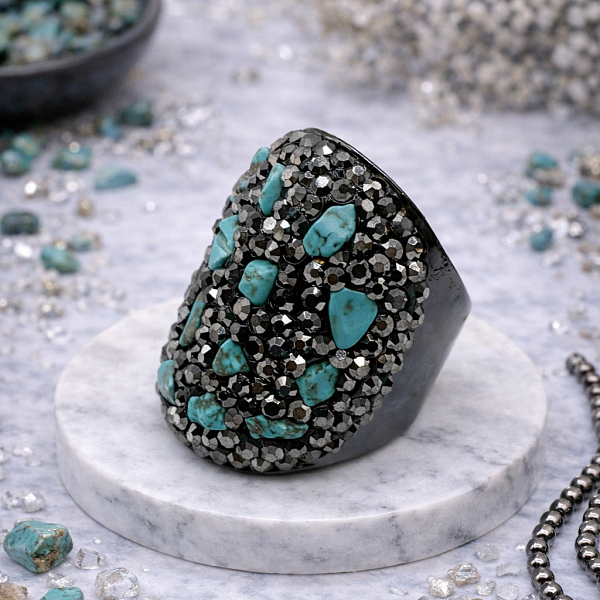 Кольцо ДИНОСА черное с марказитом и имитацией бирюзы