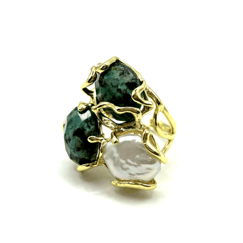 Кольцо ДИНОСА ажурное с бирюзой и барочным жемчугом фото 2