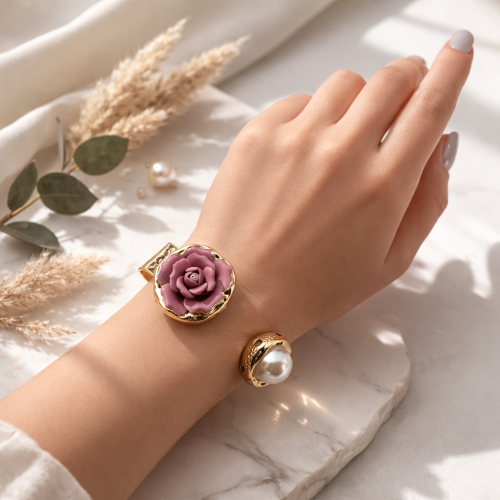 Браслет жесткий ДИНОСА с цветком и барочным жемчугом — 